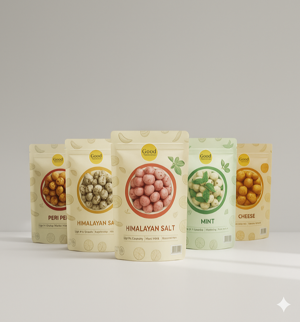 Five packages of 'Good' brand snacks on a gray background